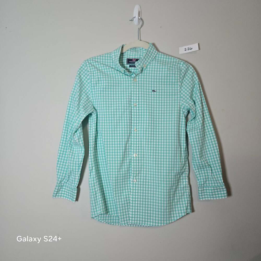 Vineyard Vines Boys' Performance Whale Shirt Gingham Green Long Sleeve